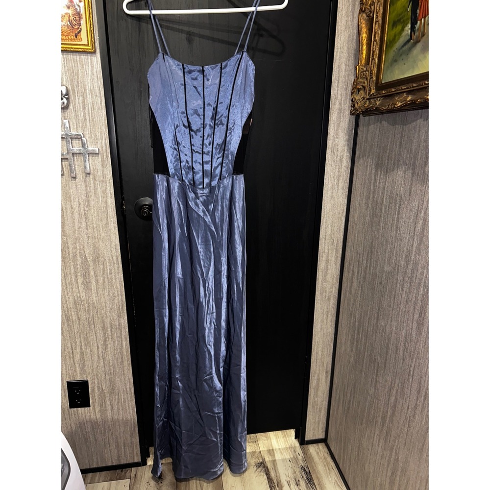 Vintage Georgette Blue Satin Mesh Corset Evening Gown Lingerie Slip  Medium NEE